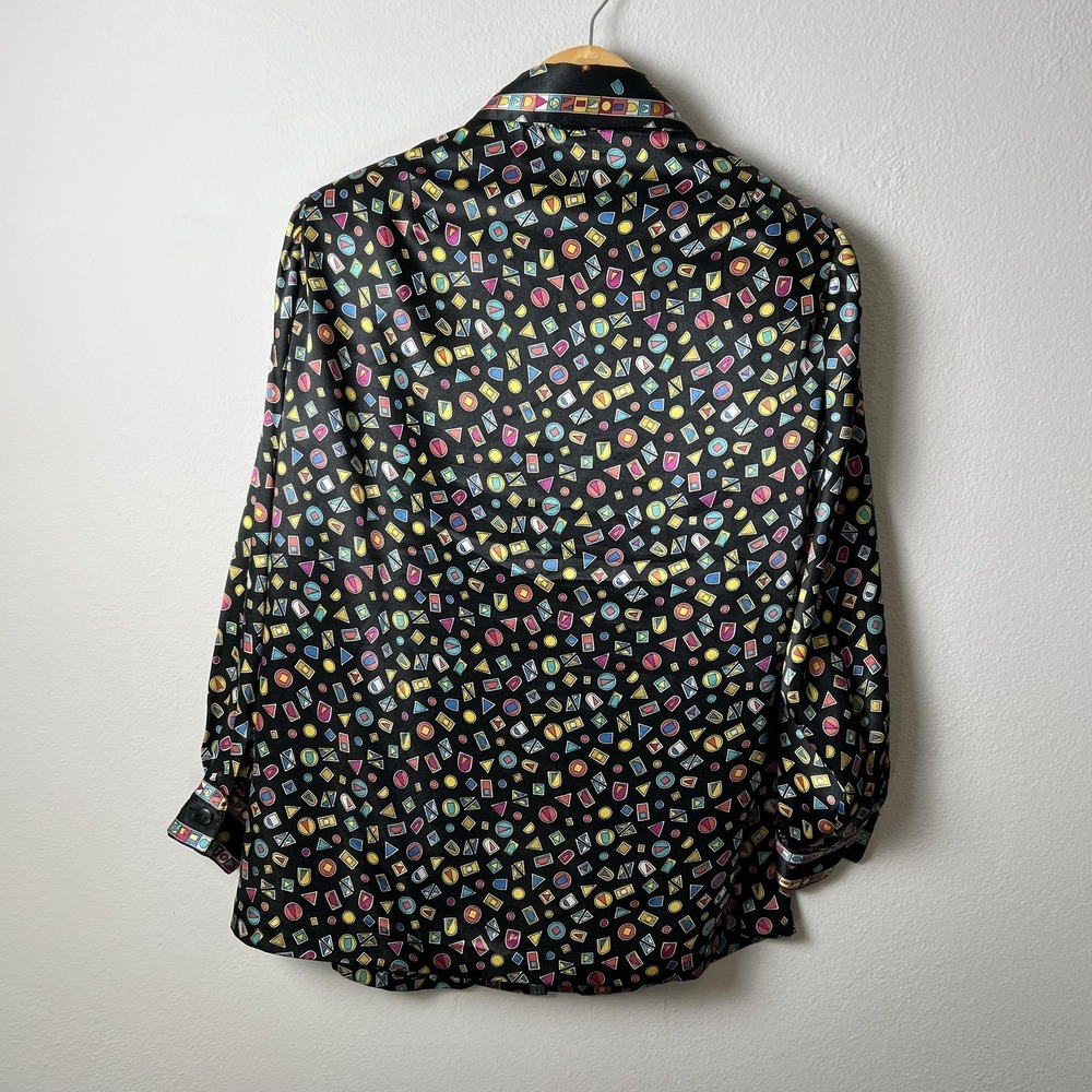 Marlis Shirt Womens 10 Black Colorful Geometric Print Button Up Long Sleeve 90s - Picture 2 of 7